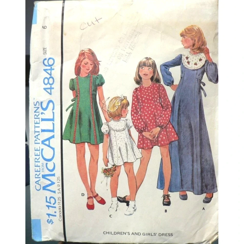 Vintage 1975 Sewing Pattern‎ McCall's 4846 Child's Puff Sleeve Dress size 6 Cut